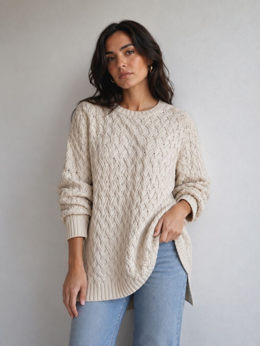 Jeanne Pierre XL Cream Cable Knit Sweater 100% Cotton Open Weave Pullover